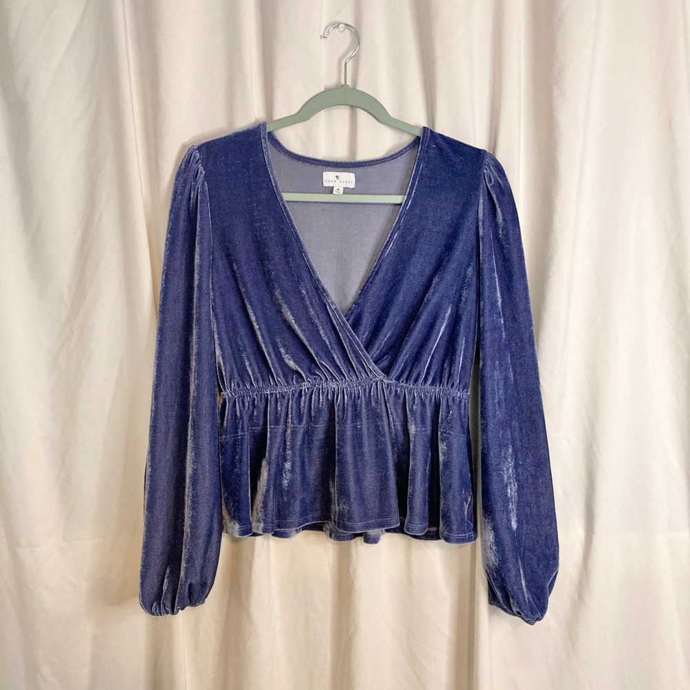 Blue Crushed Velvet Peplum Top Surplice V-Neck Puff Sleeve True Craft Women M - Picture 1 of 9
